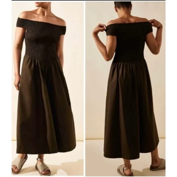 New Free People Ceci Smocked OTS Midi Dress Free-est $98 SMALL Deep Brown - Picture 4 of 7